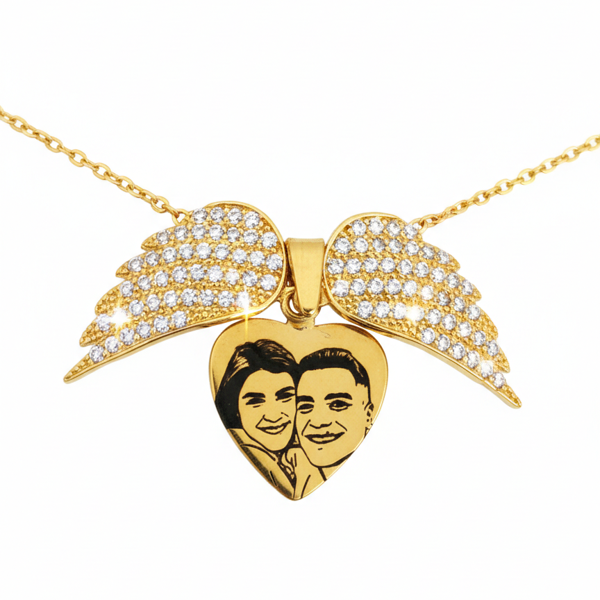 Colar Asas de Anjo Personalizado com Foto - Aço Inox Banhado