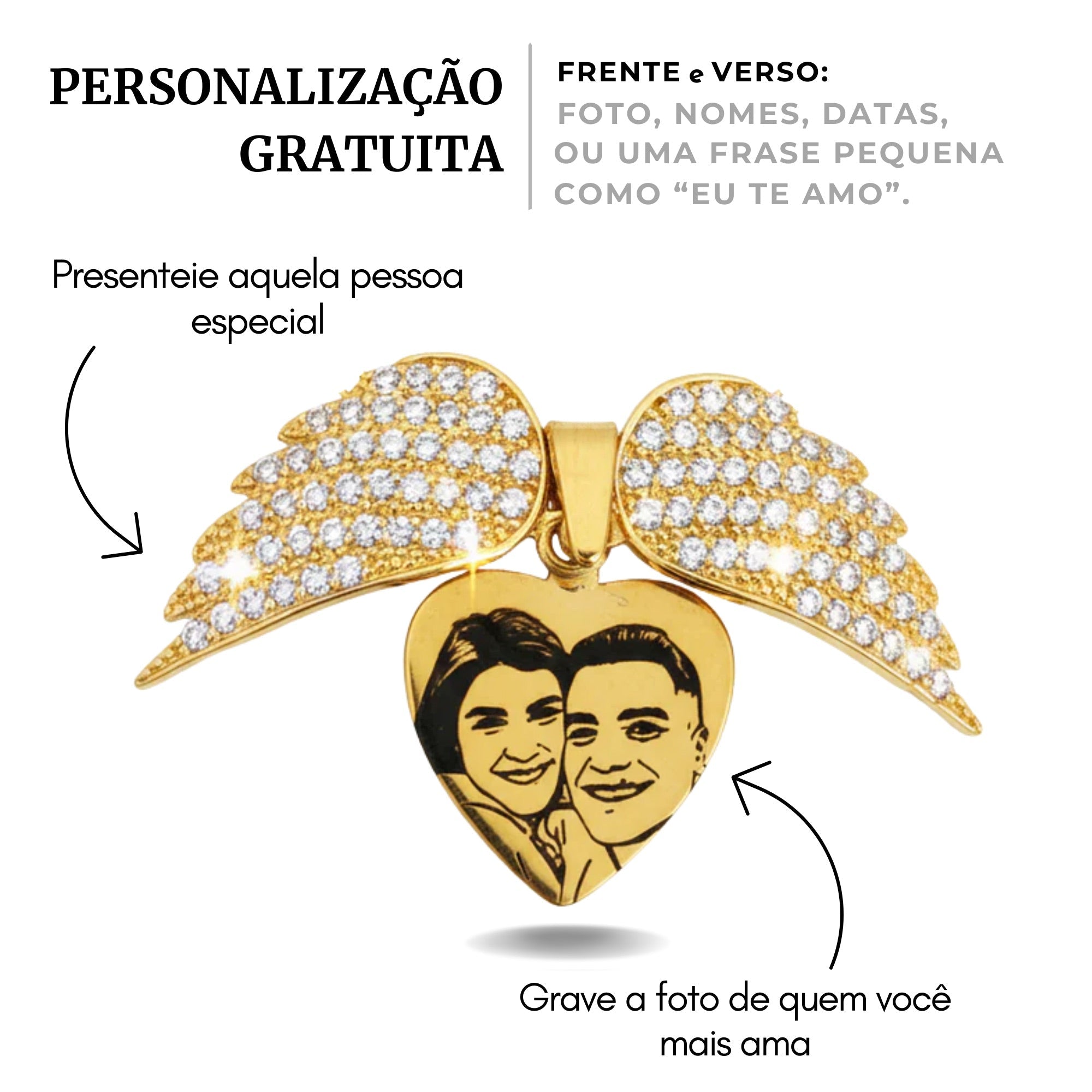 Colar Asas de Anjo Personalizado com Foto - Aço Inox Banhado